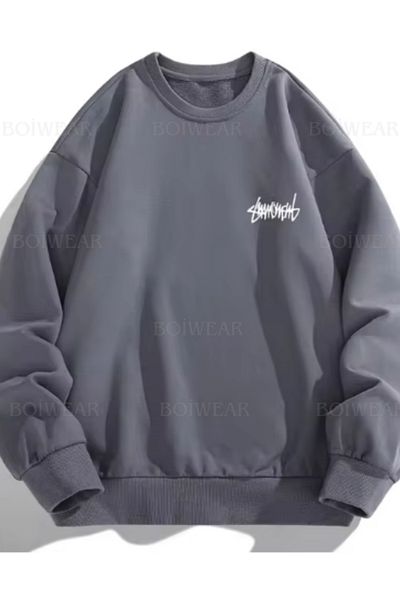 Boi Unisex Smoosh Sing Minimal Text Printed 3 Thread Sweatshirt - Μαύρο Γκρι Λευκό Μπεζ Oversize Φούτερ