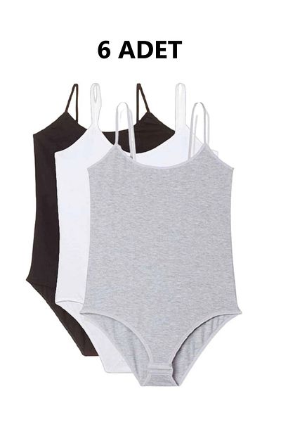 PİERLES 6 pieces Women's bodysuit - Rope Strap, Snap Fastener, black and White Gray bodysuit