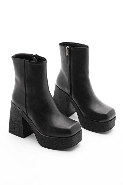 elvinshoes adela kadın siyah hafif plartfom topuk küt burun fermuarlı bot