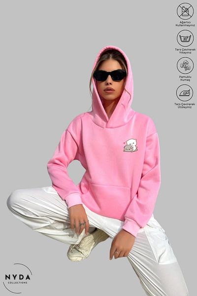 Nyda Collections Heart Printed Unisex Hoodie - Μακρυμάνικο, με κουκούλα, Oversize βαμβακερό φούτερ