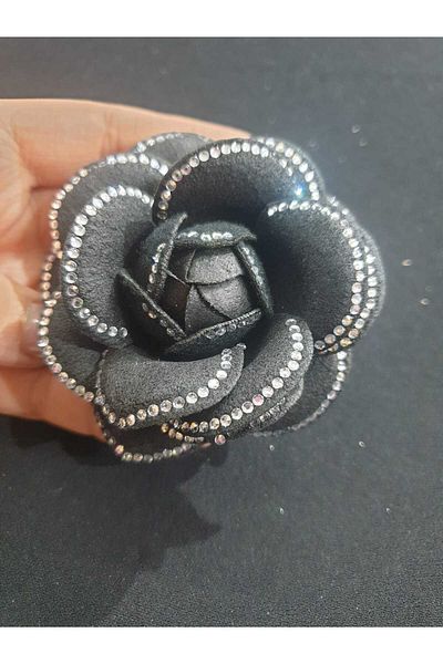 ESRA ŞELEM Black Flower Patterned Brooch Clothing - Edge Jewelled Sewing Accessory, Hobby Applique