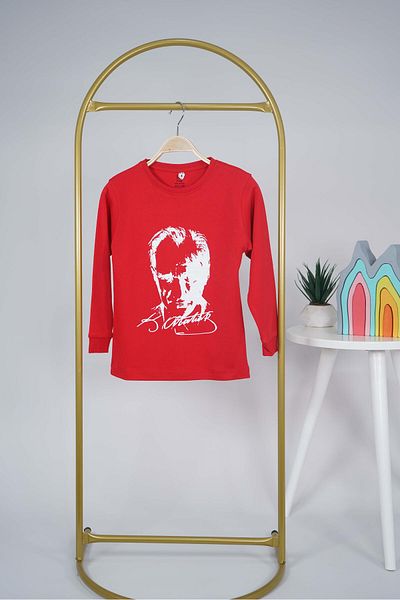 MİNİKO KİDS For Atatürk 23 April 19 May 29 October Long Sleeve Cotton T-Shirt - with Flag and Cuffs