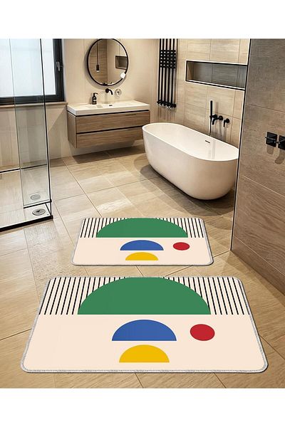 Artızon Decorative Green Bath Mat Set - Non-Slip Base, Washable (50X60, 60X90 cm) Set of Two