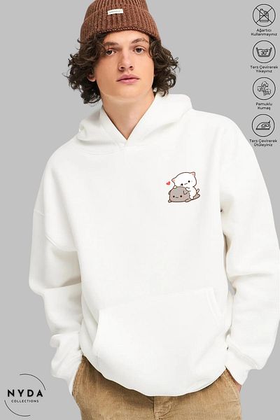 Nyda Collections Heart Printed Unisex Hoodie - Μακρυμάνικο, με κουκούλα, Oversize βαμβακερό φούτερ