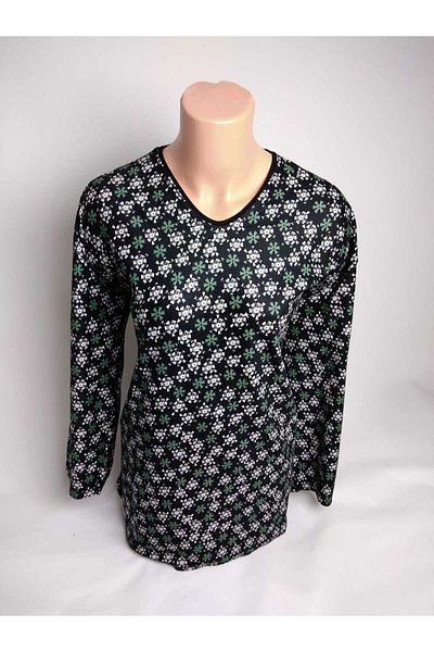YAŞAR TRİKO Tricou din piele intoarsa neagra din bumbac pieptanat - decolteu in V, maneca lunga, lateral despicat, sezonier