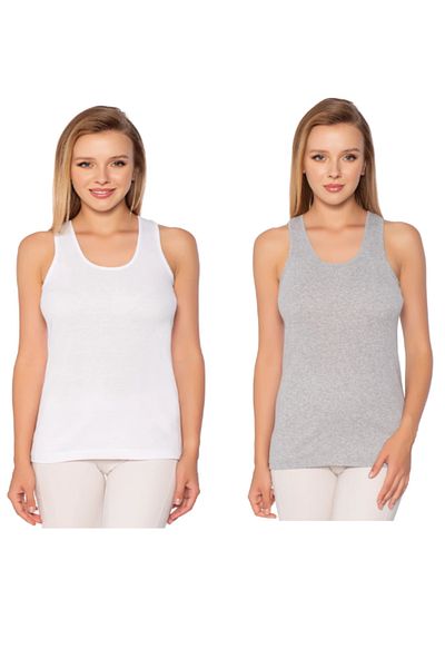 SİERNA Women's Rib Wide Strap Plain Piping Singlet 6 Pack White-Gray Srn-000731
