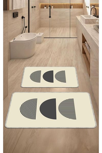 Artızon Beige Decorative Modern Design Non-Slip Base Washable Set Set Bath Mat 50X60-60X90 cm