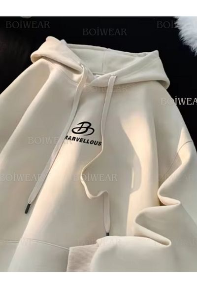 Boi Φούτερ με στάμπα Marvellous Hooded Oversize με 3 κλωστές - Μαύρο γκρι μπεζ κουκούλα