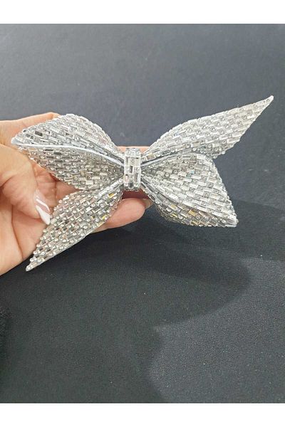 ESRA ŞELEM Decorative Bow - Stone Detailed Silver Applique, Sewing Accessory