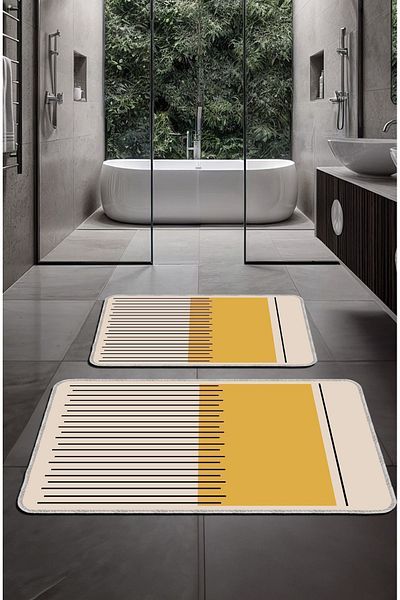 Artızon Decorative Mustard Bath Mat Set - Non-Slip Base, Washable (50X60, 60X90 cm) Set of Two