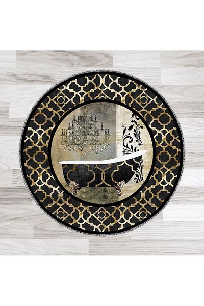 Artızon Black Gold Decorative Modern Vintage Retro Design Non-Slip Base 100 cm Round Bath Mat