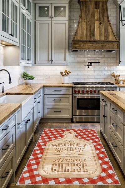 BigArts Home Dekoratif Modern Vintage Retro Tasarım Kaydırmaz Taban Kırmızı Bej Mutfak Halı