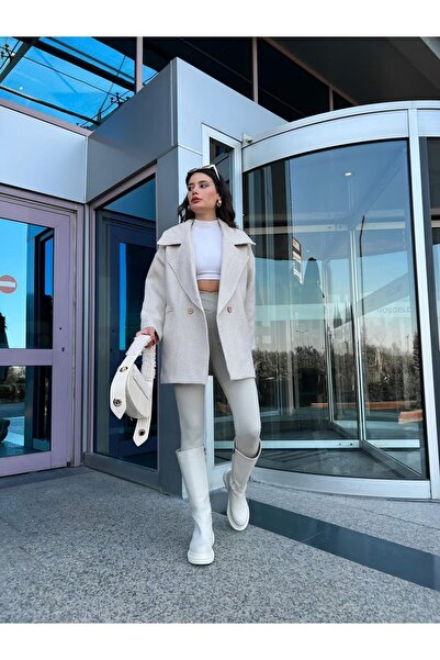 Genel Markalar Kadın Taş BalıkSırtı Desenli Premium Kalite Kaşe Kaban LQ