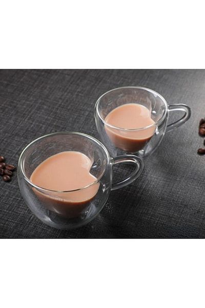 M Mimoza Park 2 Pieces - Heart Double Wall Transparent Espresso Glass Cup Office Home Coffee 180 ML