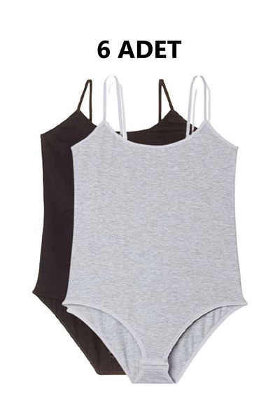 Modaley Giyim Women's Snap-On Bodysuit with 6 Rope Straps Black White Gray Gray - Black