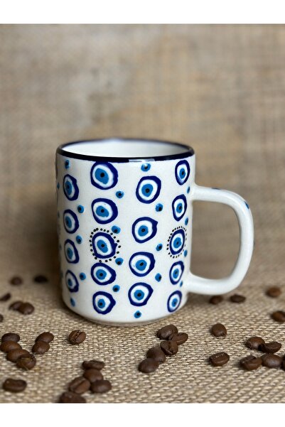 naturalife كوب قهوة كبير الحجم مصنوع يدويًا من السيراميك مزين بخرز عين الشر