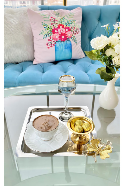 Yaren Style 6'lı Lüx Gümüş Kare Kahve Sunum Tepsisi | Kelebek Aksesuarlı Paslanmaz Çelik Kahve, Çay, Dekoratif S