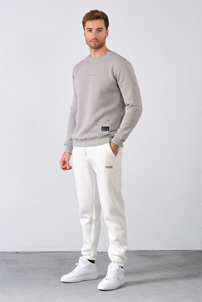 aziso Erkek Nakışlı Slim Fit Bisiklet Yaka Gri Sweatshirt 3 Iplilk Şardonlu Kumaş