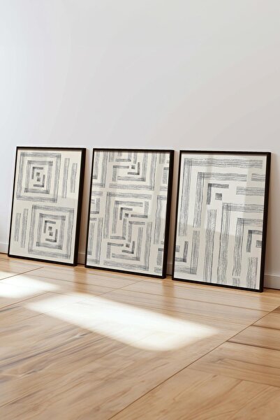 Postifull Çerçeveli Tablo Seti, 3 Adet Siyah Çerçeve ve Siyah Beyaz Soyut Temalı Poster Seti, No:300575