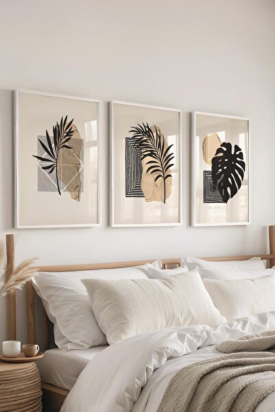 Postifull Çerçeveli Tablo Seti, 3 Adet Beyaz Çerçeve ve Soyut Botanik Temalı ...