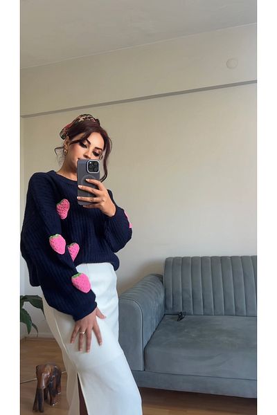 AFA Pulover de damă premium cu model căpșuni bleumarin