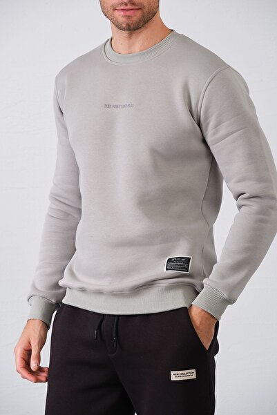 aziso Erkek Nakışlı Slim Fit Bisiklet Yaka Gri Sweatshirt 3 Iplilk Şardonlu Kumaş