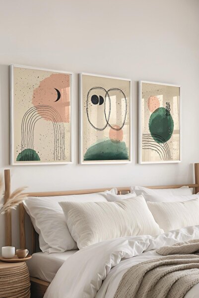 Postifull Çerçeveli Tablo Seti, 3 Adet Beyaz Çerçeve ve Geometrik Boho Temalı...