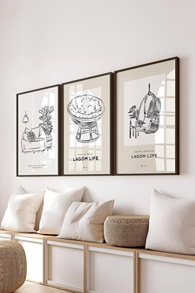 Postifull Çerçeveli Tablo Seti, 3 Adet Siyah Çerçeve ve Minimalist Çizim Tema...