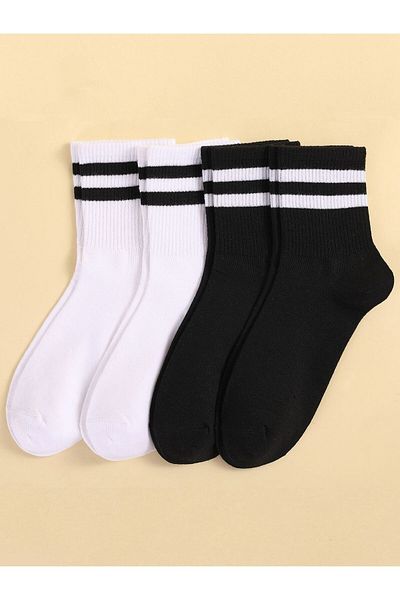 PİERLES 4 Ζεύγη Unisex Μαύρες Λευκές Ριγέ Κάλτσες College -p01
