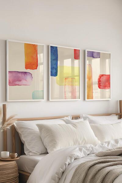 Postifull Çerçeveli Tablo Seti, 3 Adet Beyaz Çerçeve ve Soyut Temalı Poster S...