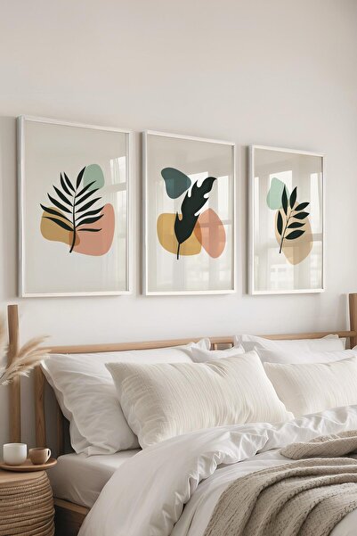 Postifull Çerçeveli Tablo Seti, 3 Adet Beyaz Çerçeve ve Soyut Botanik Temalı ...