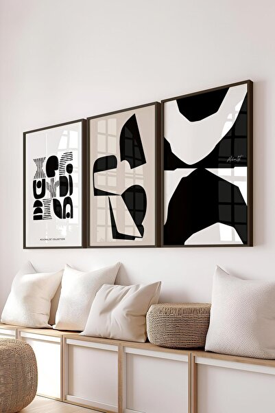 Postifull Çerçeveli Tablo Seti, 3 Adet Siyah Çerçeve ve Siyah Beyaz Temalı Po...
