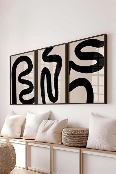 Postifull Çerçeveli Tablo Seti, 3 Adet Siyah Çerçeve ve Siyah Beyaz Soyut Temalı Poster Seti, No:300578