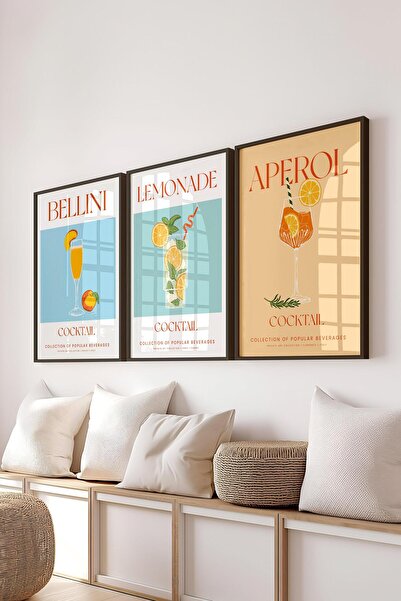 Postifull Çerçeveli Tablo Seti, 3 Adet Siyah Çerçeve ve Kokteyl Çizim Temalı ...