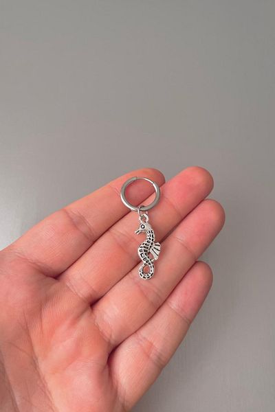 Jaida Moda Unisex Silver Sea Horse Figured Steel Hoop Earrings