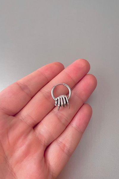 Jaida Moda Unisex Silver Skeleton Hand Figured Steel Hoop Earrings