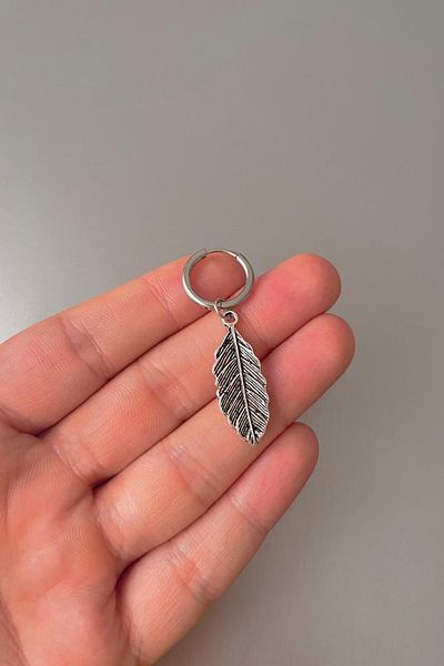 Jaida Moda Unisex Silver Large Feather Figured Dangle Steel Hoop Earrings