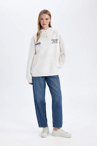 DeFacto White Oversize Hooded Sweatshirt - Thick, Back Print D6878Ax24Wn