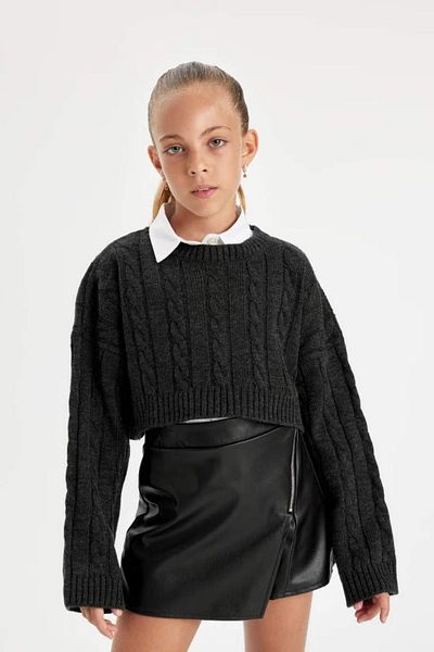 DeFacto Girl's Crop Crew Neck Hair Braided Knitwear Sweater C6934A824Au