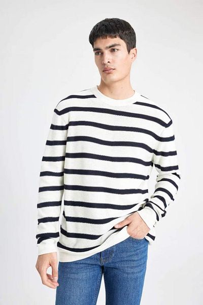 DeFacto Standard Fit Regular Cut Crew Neck Knitwear Striped Sweater B9724Ax24Au