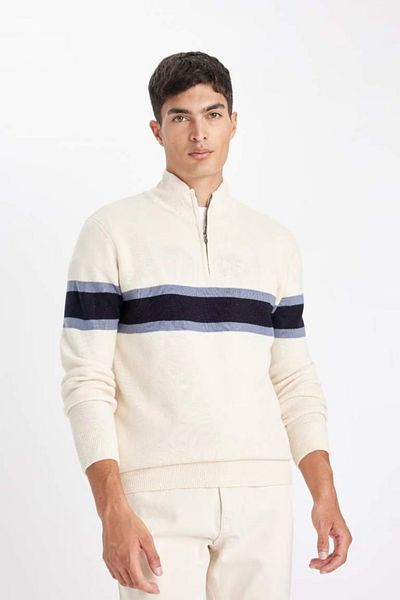DeFacto Standard Fit Regular Cut Stand Collar Zippered Striped Knitwear Sweater Y4193Az24Wn