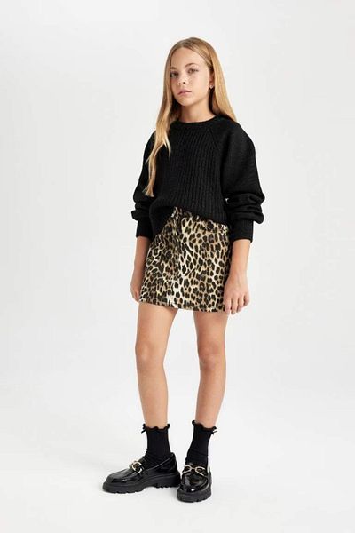 DeFacto Pulover negru pentru fete, cu croiala standard, cu decolteu triplu, tricotat cu model 3162337