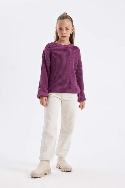 DeFacto Girl's Purple Standard Fit Crew Neck Basic Plain Knitwear Sweater C6909A824Au