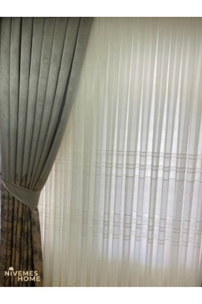 NİVEMESHOME Nivemeshome Middle Belted Mesh Knitted 1/3 Tight Pleated Tulle Curtain Apm