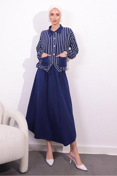 TRENDTESETTÜR Γυναικείο Σετ με Πλεκτή Φούστα Navy Blue - T 2154