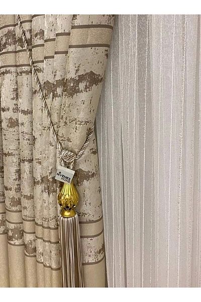 NİVEMESHOME Nivemeshome - Greek Gold Corded 1/3 Tight Pleated Tulle Curtain