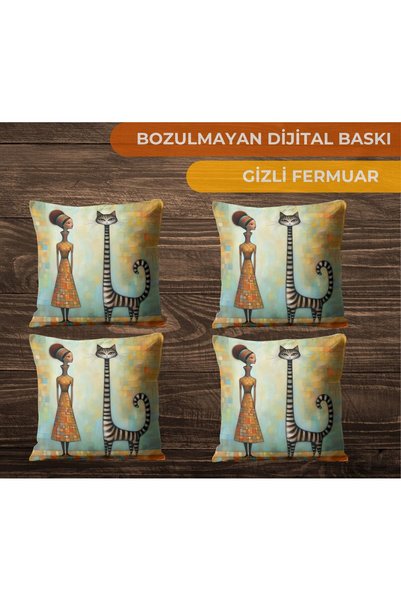 CİMENS 4-Piece Digital Printed Gift Sofa Set - Blue Yellow Long Women's Cat P...