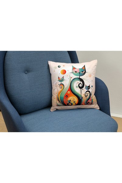 CİMENS 4-Piece Digital Printed Gift Sofa - Cat Patterned Pillow with Orange, White and Blue Drawings