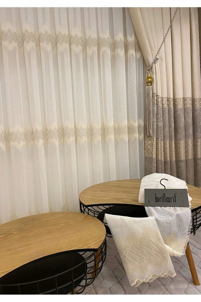 NİVEMESHOME Titanum Nakışlı Krem 1/3 Sık Pile Tül Perde