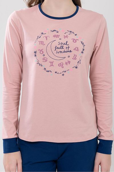 BAYKAR Girls' Dusty Rose Printed Cotton Pajamas Set - Crew Neck, Long Sleeve, Cuffed 9237